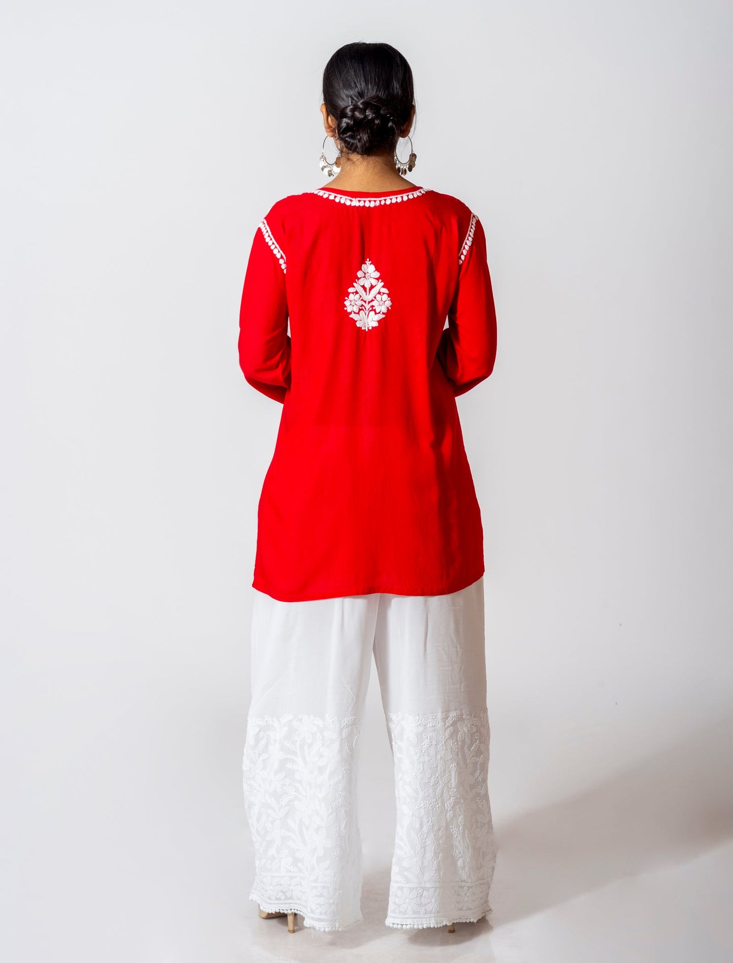 Lucknow Chikan Emporium Super Soft Fine Rayon Chikankari Kurti Red Colour.