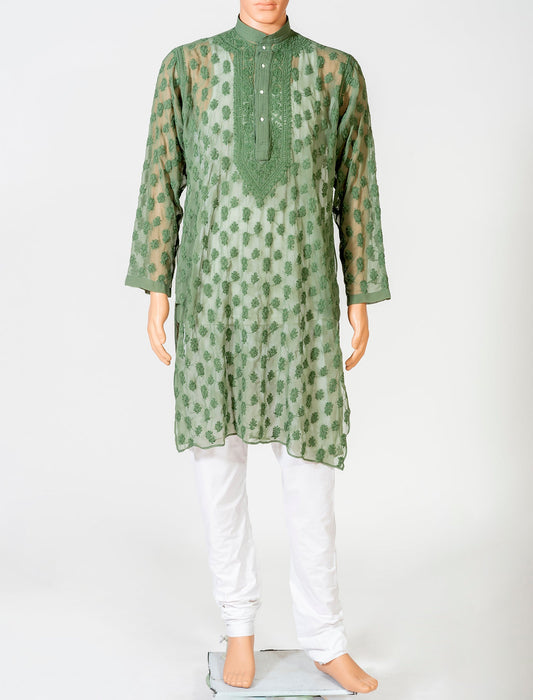 Lucknow Chikan Emporium Georgette Dark Green Colour Gents Kurta With Self Stripes And Fancy Hand Chikankari On Neck.