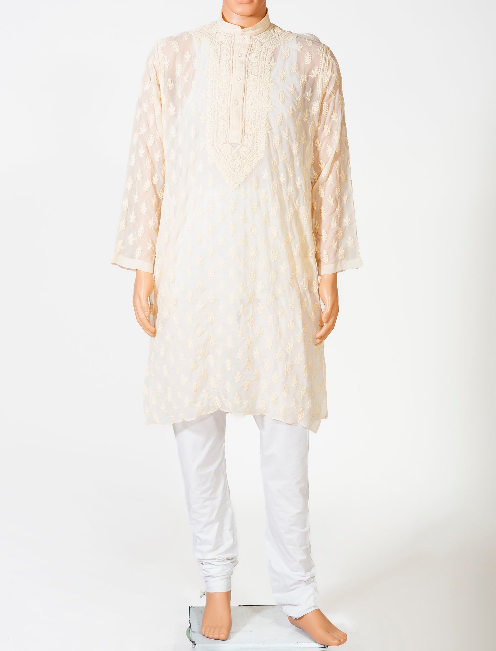 Lucknow Chikan Emporium Georgette Cream Colour Gents Kurta With Self Stripes And Fancy Hand Chikankari On Neck.