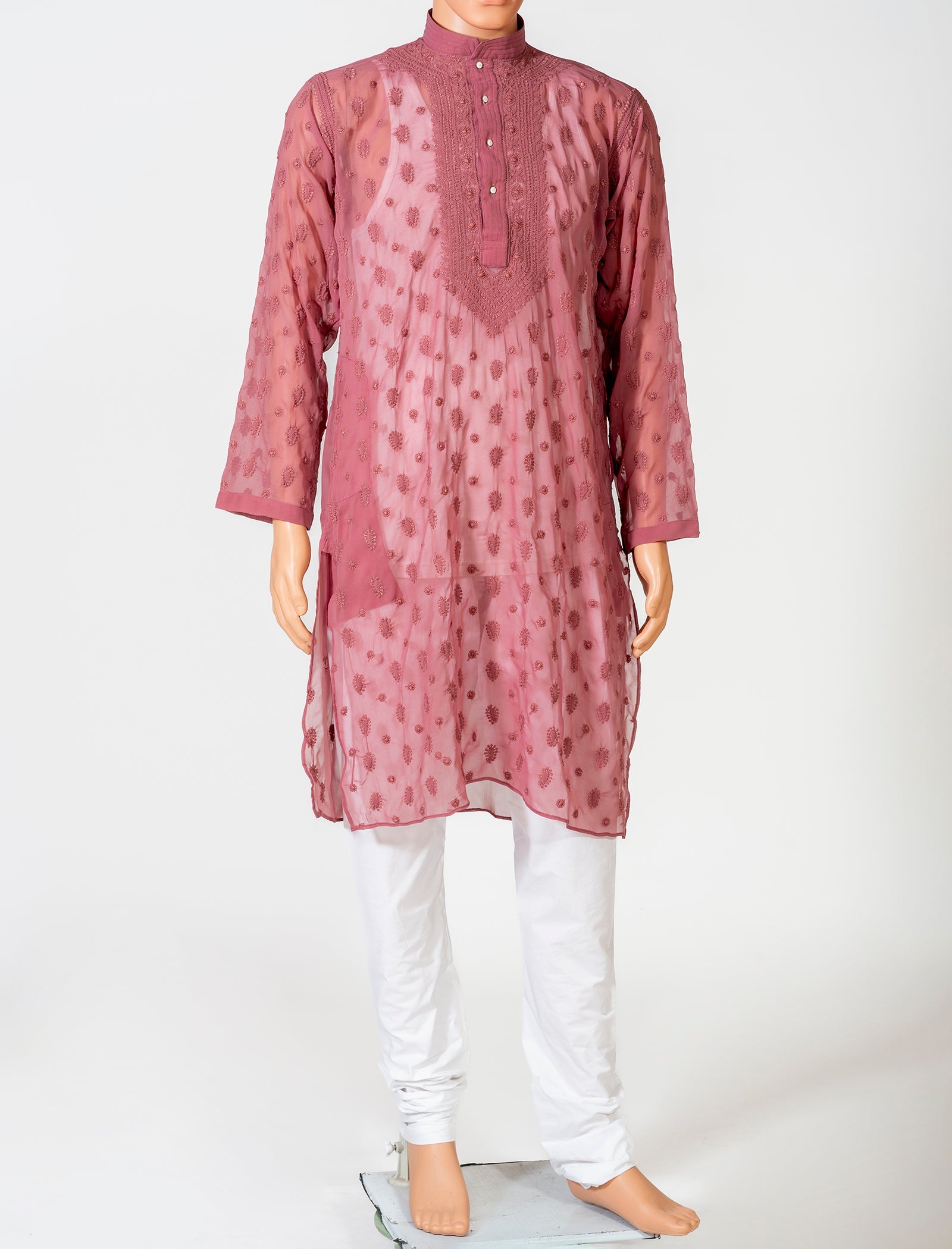 Lucknow Chikan Emporium Georgette Purple Colour Gents Kurta With Self Stripes And Fancy Hand Chikankari On Neck.
