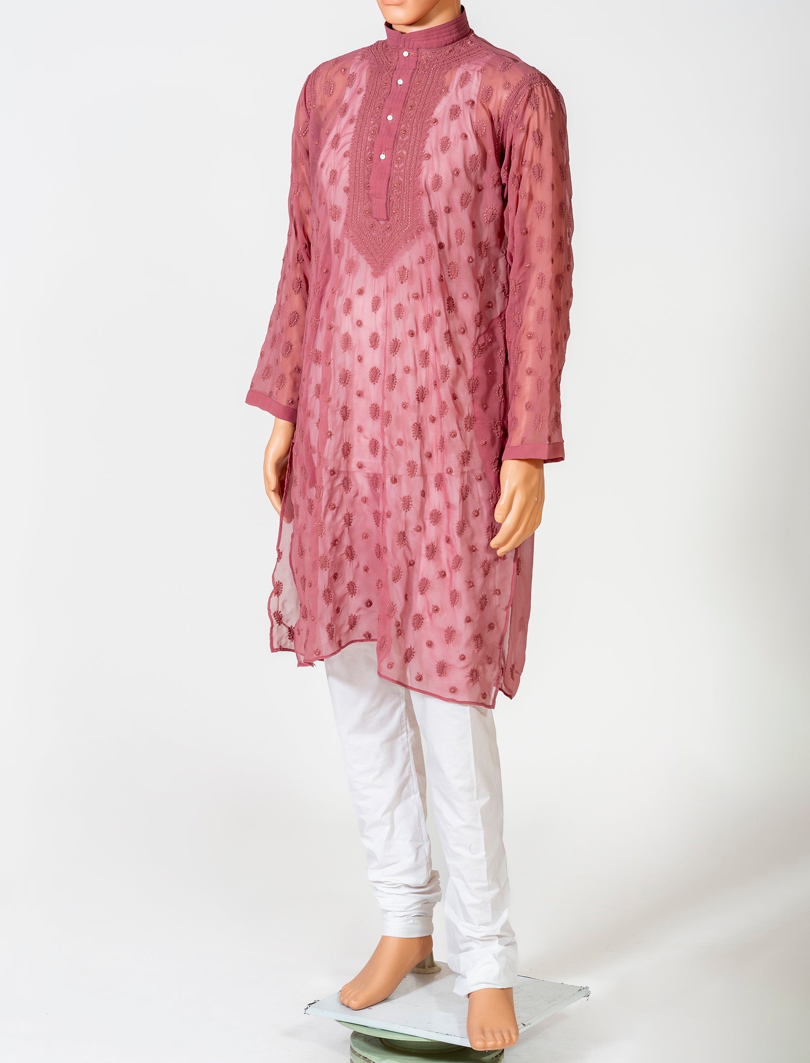 Lucknow Chikan Emporium Georgette Purple Colour Gents Kurta With Self Stripes And Fancy Hand Chikankari On Neck.