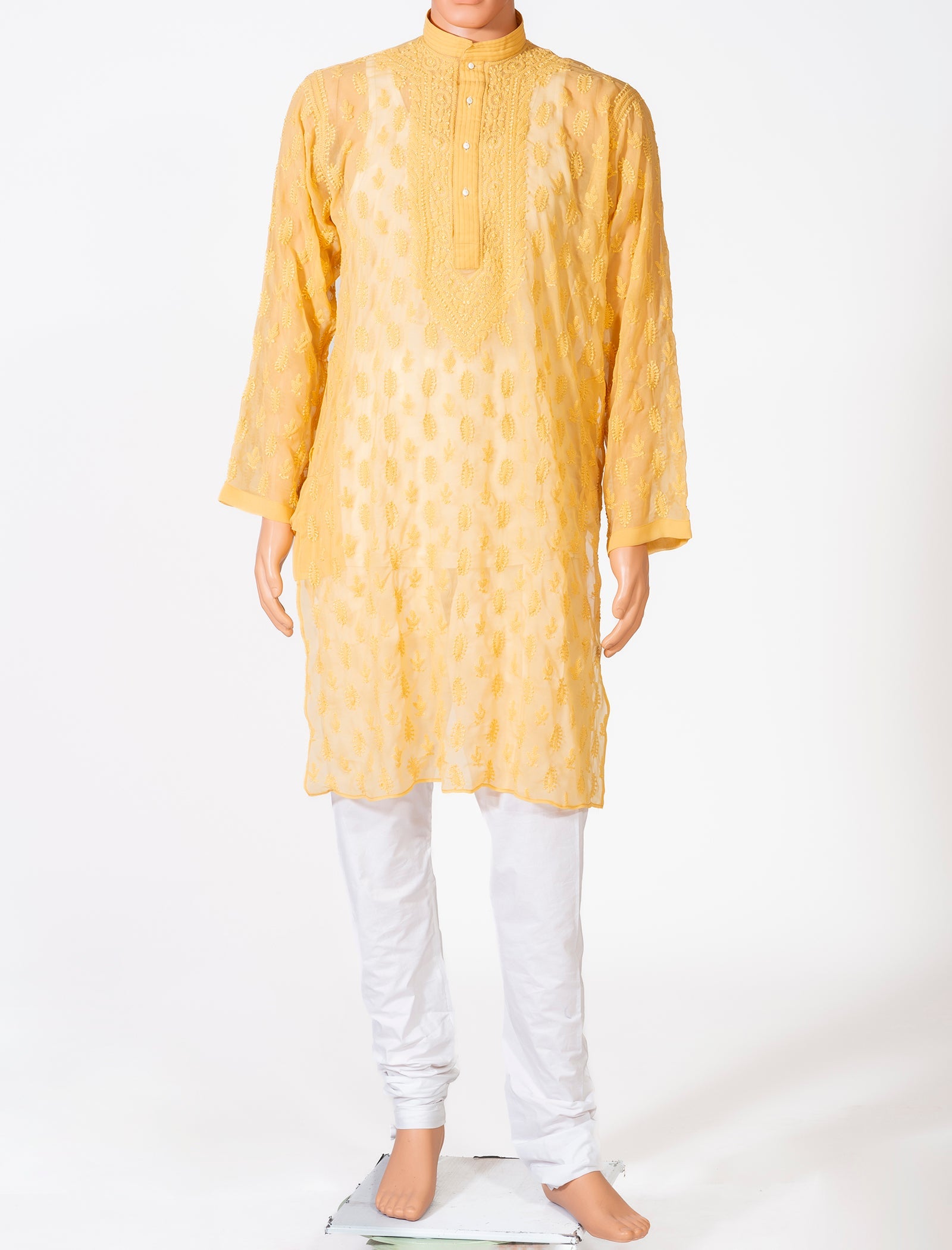 Lucknow Chikan Emporium Georgette Fawn Colour Gents Kurta With Self Stripes And Fancy Hand Chikankari On Neck.