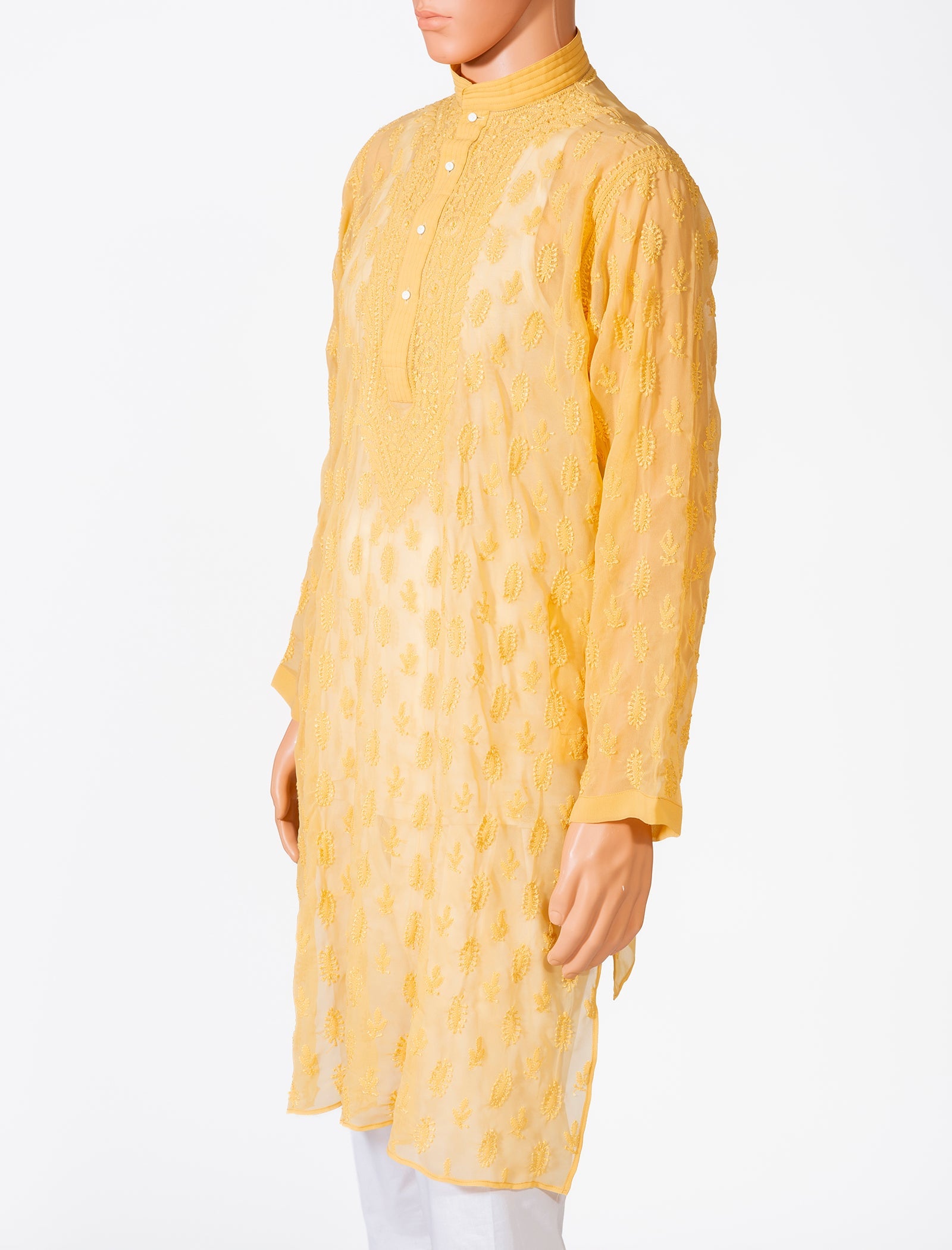 Lucknow Chikan Emporium Georgette Fawn Colour Gents Kurta With Self Stripes And Fancy Hand Chikankari On Neck.