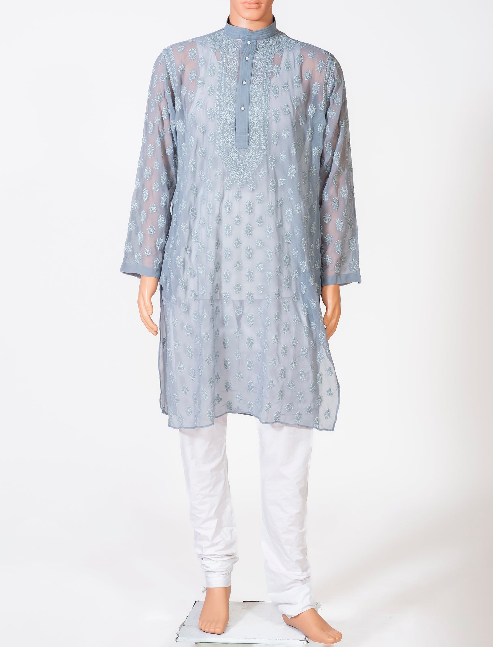 Lucknow Chikan Emporium Georgette Grey Colour Gents Kurta With Self Stripes And Fancy Hand Chikankari On Neck.