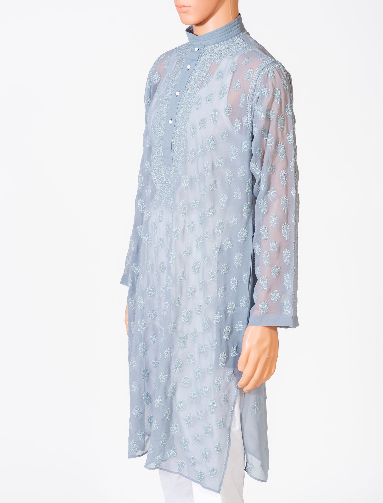 Lucknow Chikan Emporium Georgette Grey Colour Gents Kurta With Self Stripes And Fancy Hand Chikankari On Neck.