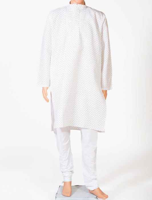 Lucknow Chikan Emporium Cotton White Priented Colour Gents Kurta With Self Stripes And Fancy Hand Chikankari On Neck.