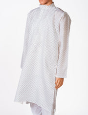 Lucknow Chikan Emporium Cotton White Priented Colour Gents Kurta With Self Stripes And Fancy Hand Chikankari On Neck.