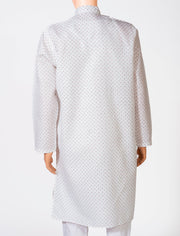 Lucknow Chikan Emporium Cotton White Priented Colour Gents Kurta With Self Stripes And Fancy Hand Chikankari On Neck.