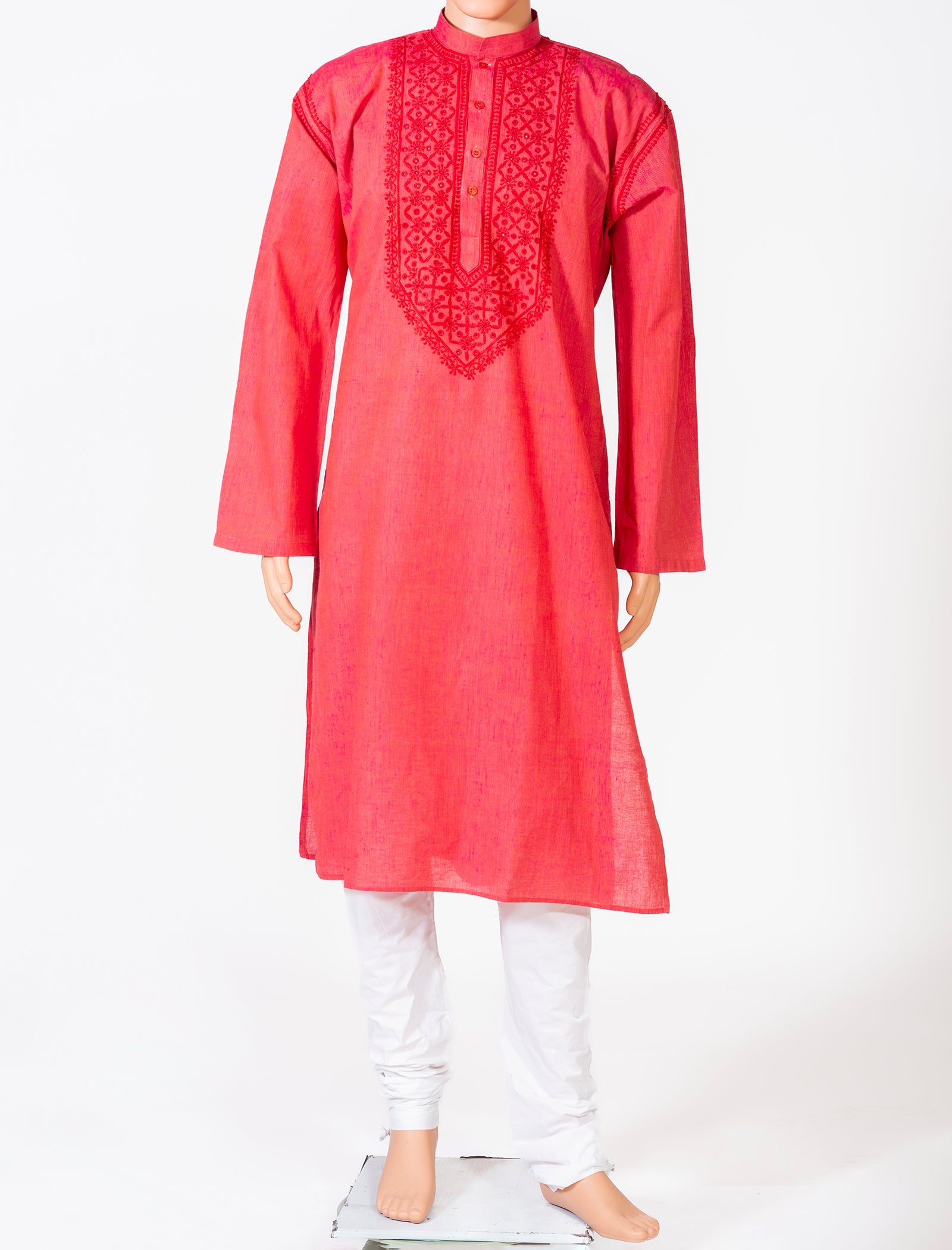 Lucknow Chikan Emporium Cotton Red Colour Gents Kurta With Self Stripes And Fancy Hand Chikankari On Neck.