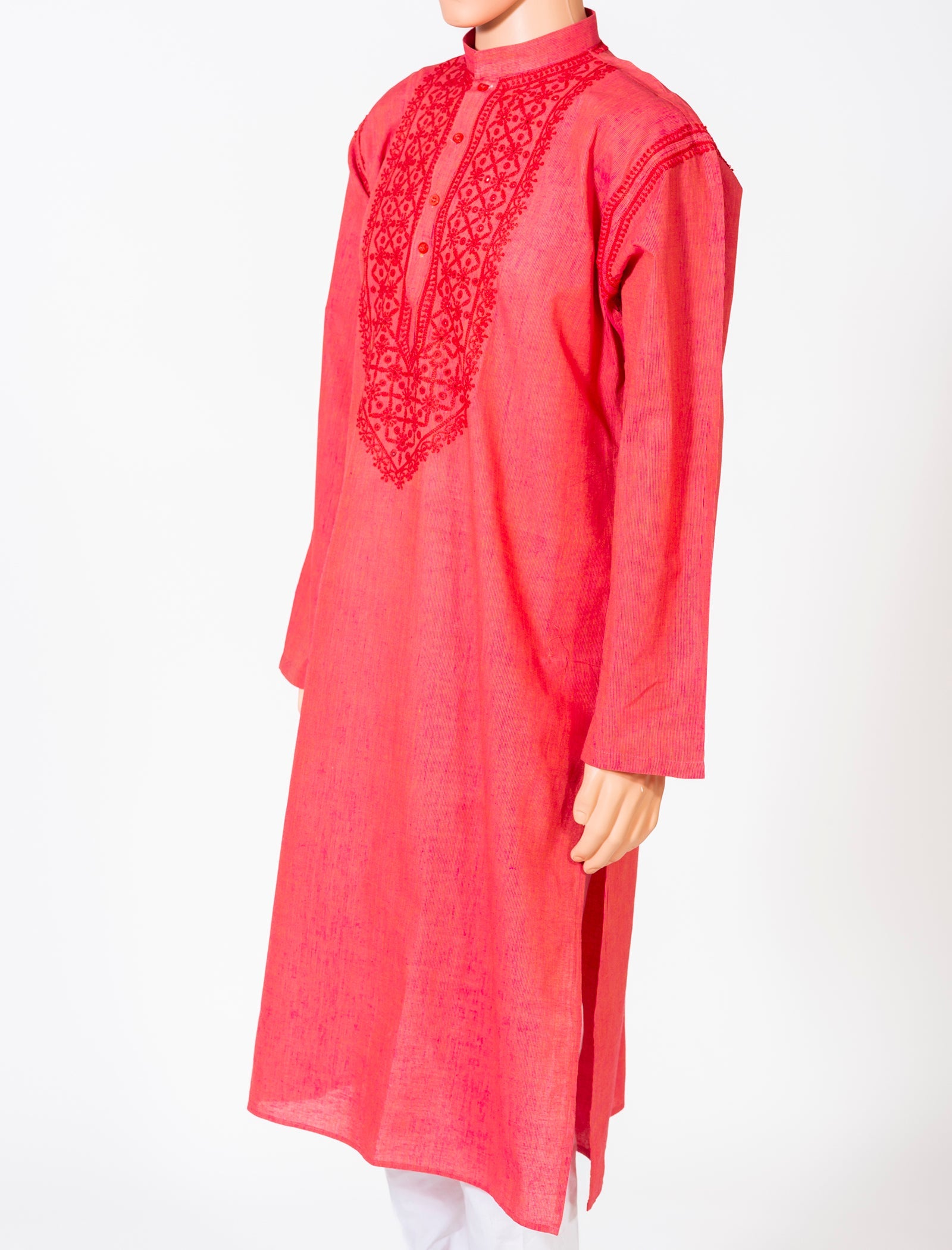 Lucknow Chikan Emporium Cotton Red Colour Gents Kurta With Self Stripes And Fancy Hand Chikankari On Neck.