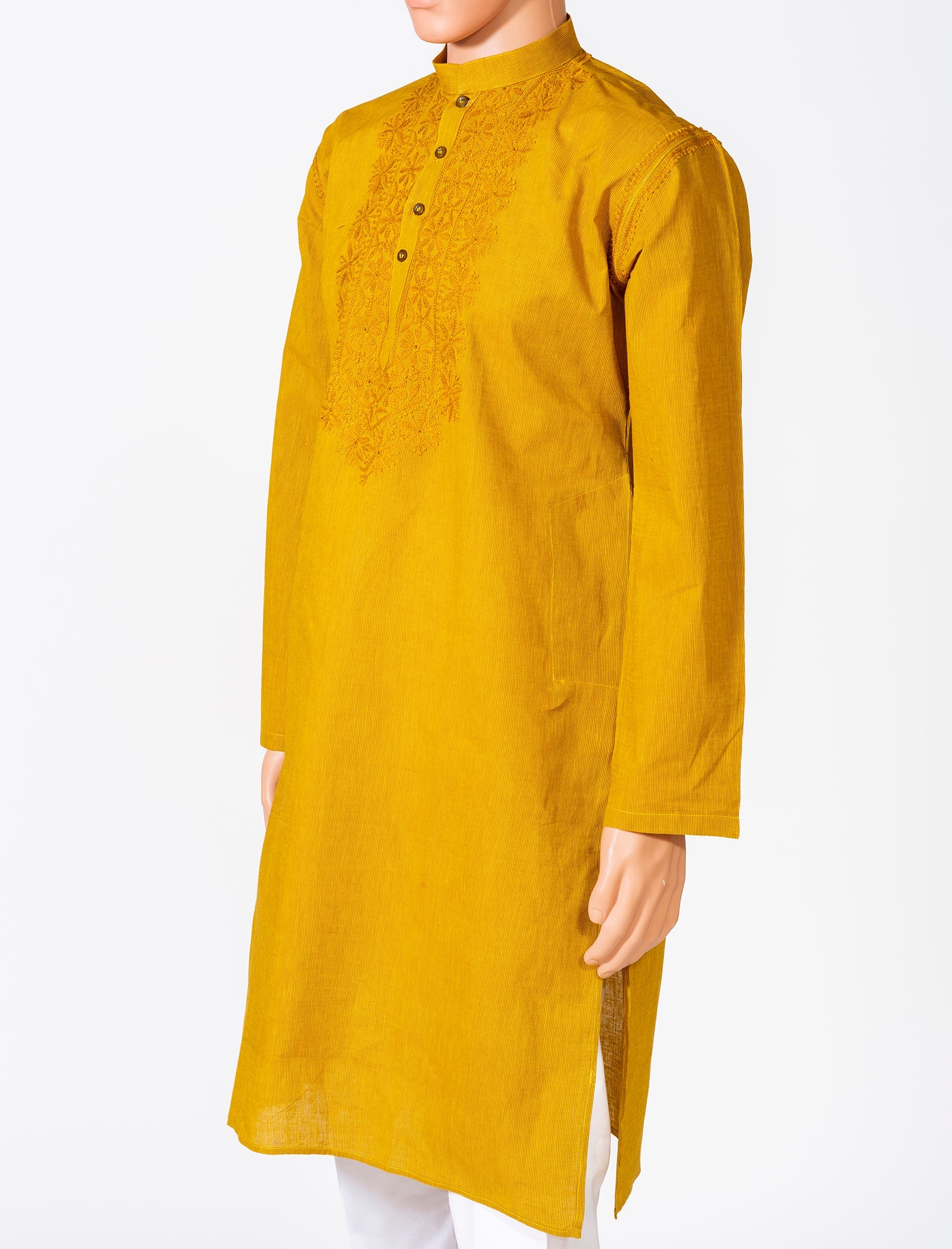 Lucknow Chikan Emporium Cotton Mustered Colour Gents Kurta With Self Stripes And Fancy Hand Chikankari On Neck.