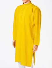 Lucknow Chikan Emporium Cotton Mustered Yellow Colour Gents Kurta With Self Stripes And Fancy Hand Chikankari On Neck.