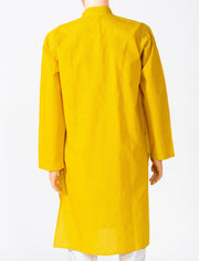 Lucknow Chikan Emporium Cotton Mustered Yellow Colour Gents Kurta With Self Stripes And Fancy Hand Chikankari On Neck.