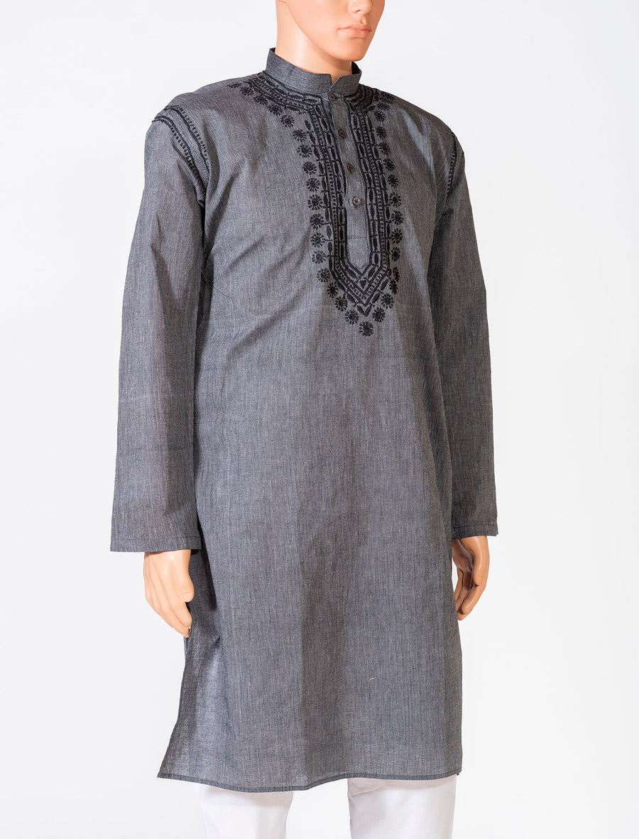 Lucknow Chikan Emporium Cotton Black Colour Gents Kurta With Self Stripes And Fancy Hand Chikankari On Neck.