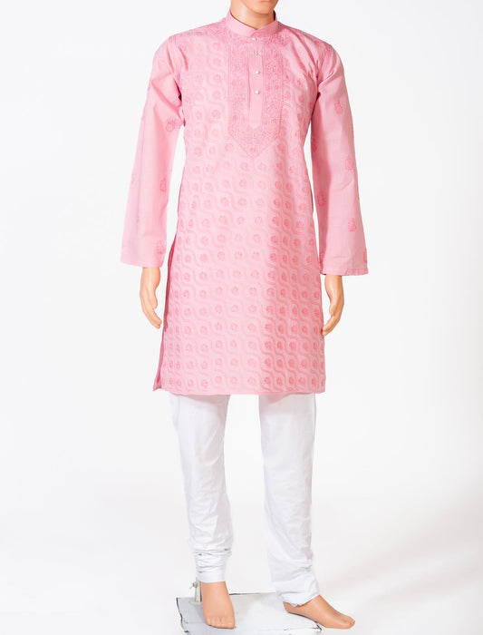 Lucknow Chikan Emporium Cotton Pink Colour Gents Kurta With Self Stripes And Fancy Hand Chikankari On Neck.