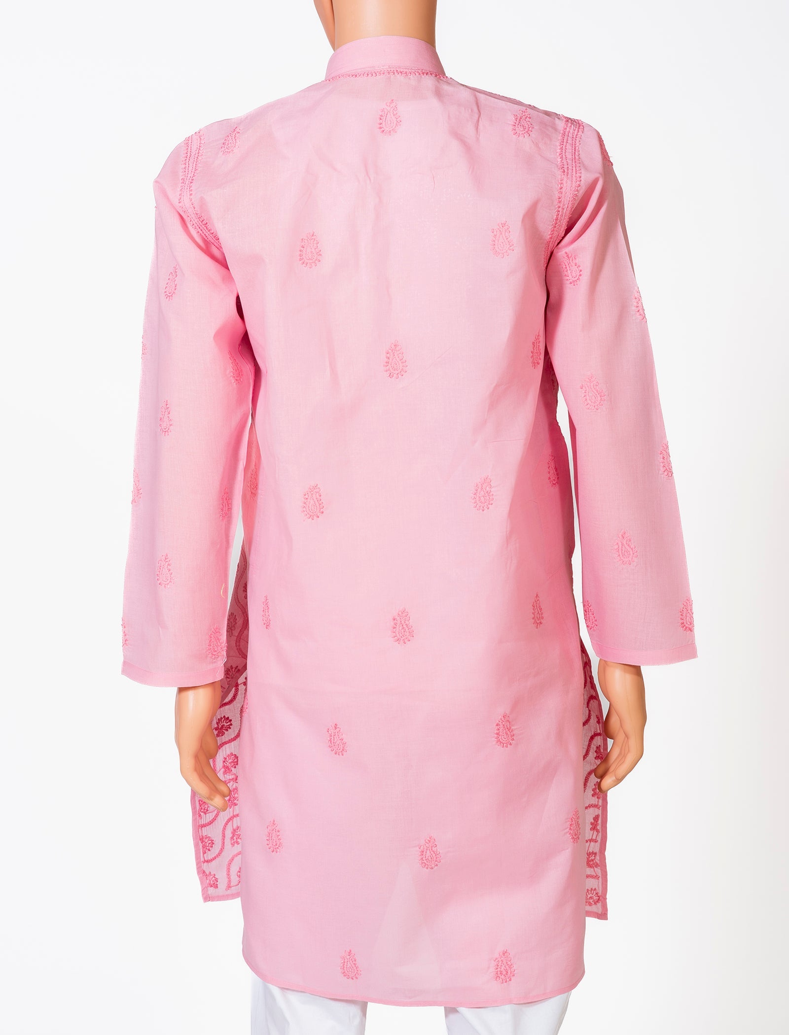 Lucknow Chikan Emporium Cotton Pink Colour Gents Kurta With Self Stripes And Fancy Hand Chikankari On Neck.