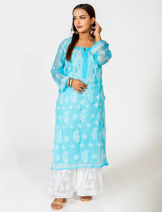 Lucknow Chikan Emporium Skin Friendly Georgette Chikankari Mukash Kurti Nice Blue Colour.