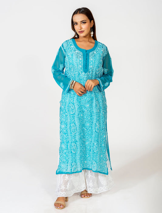 Lucknow Chikan Emporium Hand Embroided Skin Friendly Semi Georgette Chikankari Kurti Blue.