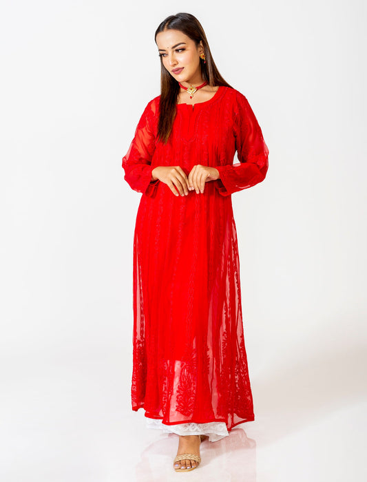 Lucknow Chikan Emporium Hand Embroided Skin Friendly Semi Georgette Chikankari Anarkali Kurti Red.