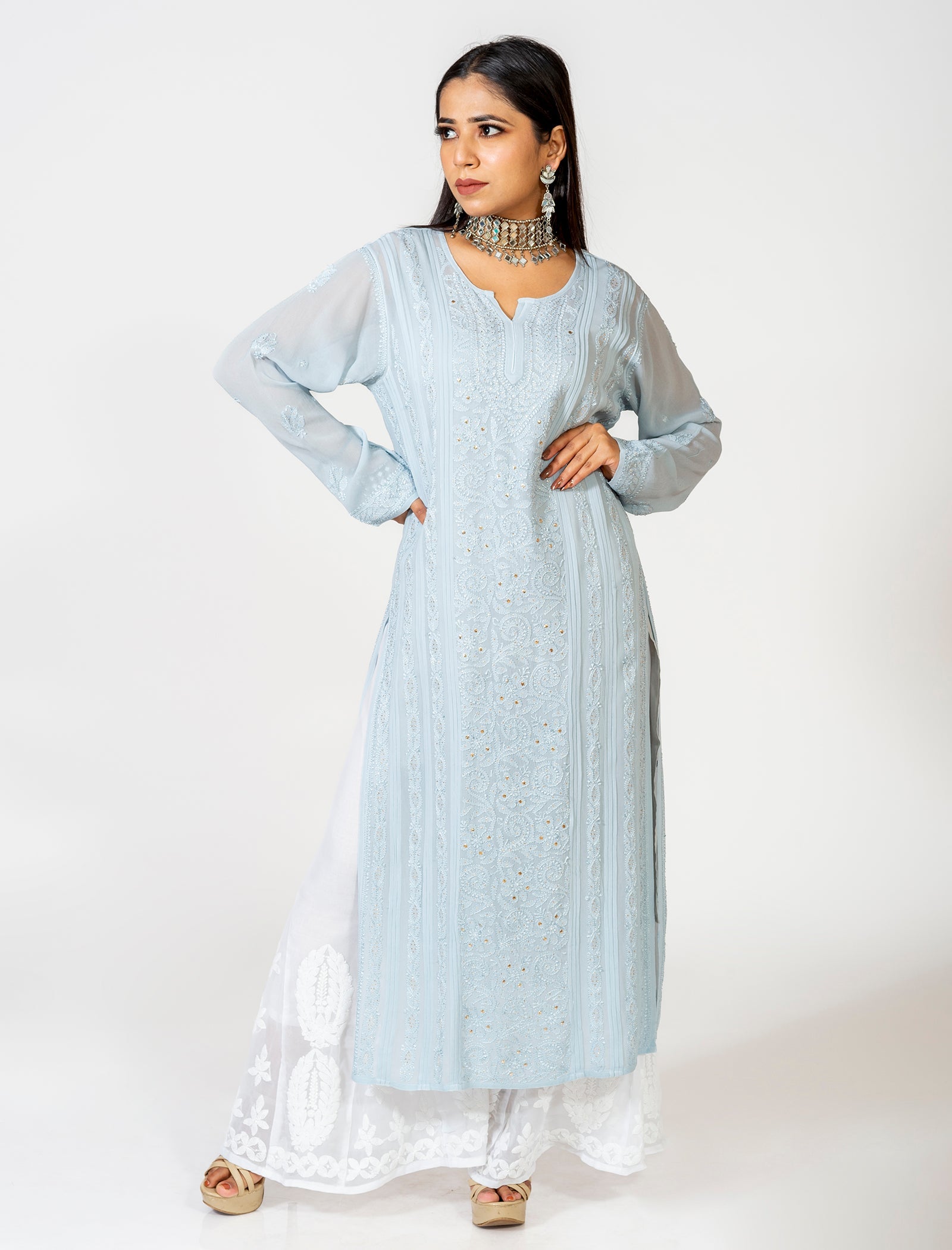 Lucknow Chikan Emporium Skin Friendly Viscose Chikankari Kurti Nice Grey Colour.