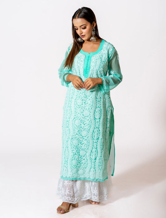 Lucknow Chikan Emporium Skin Friendly Georgette Chikankari Kurti Nice Sea Green Colour.