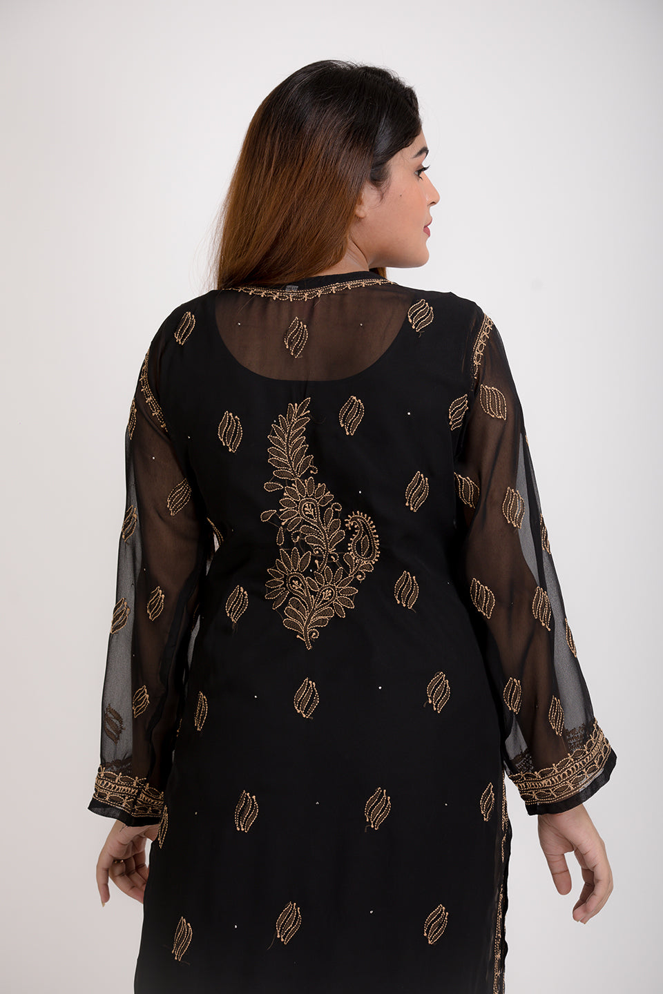 Lucknow Chikan Emporium Hand Skin Friendly Semi Georgette Amulet Neck (Black Color)