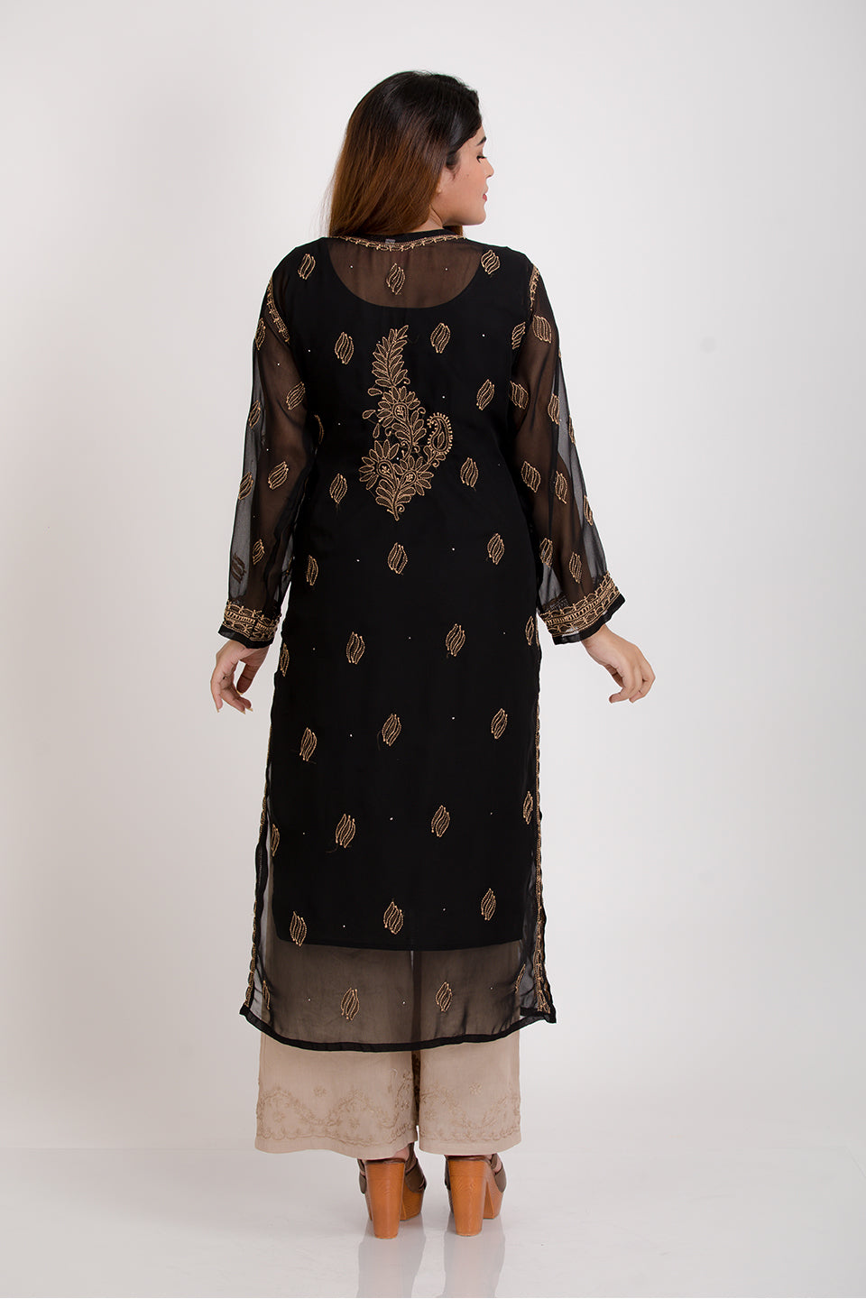 Lucknow Chikan Emporium Hand Skin Friendly Semi Georgette Amulet Neck (Black Color)