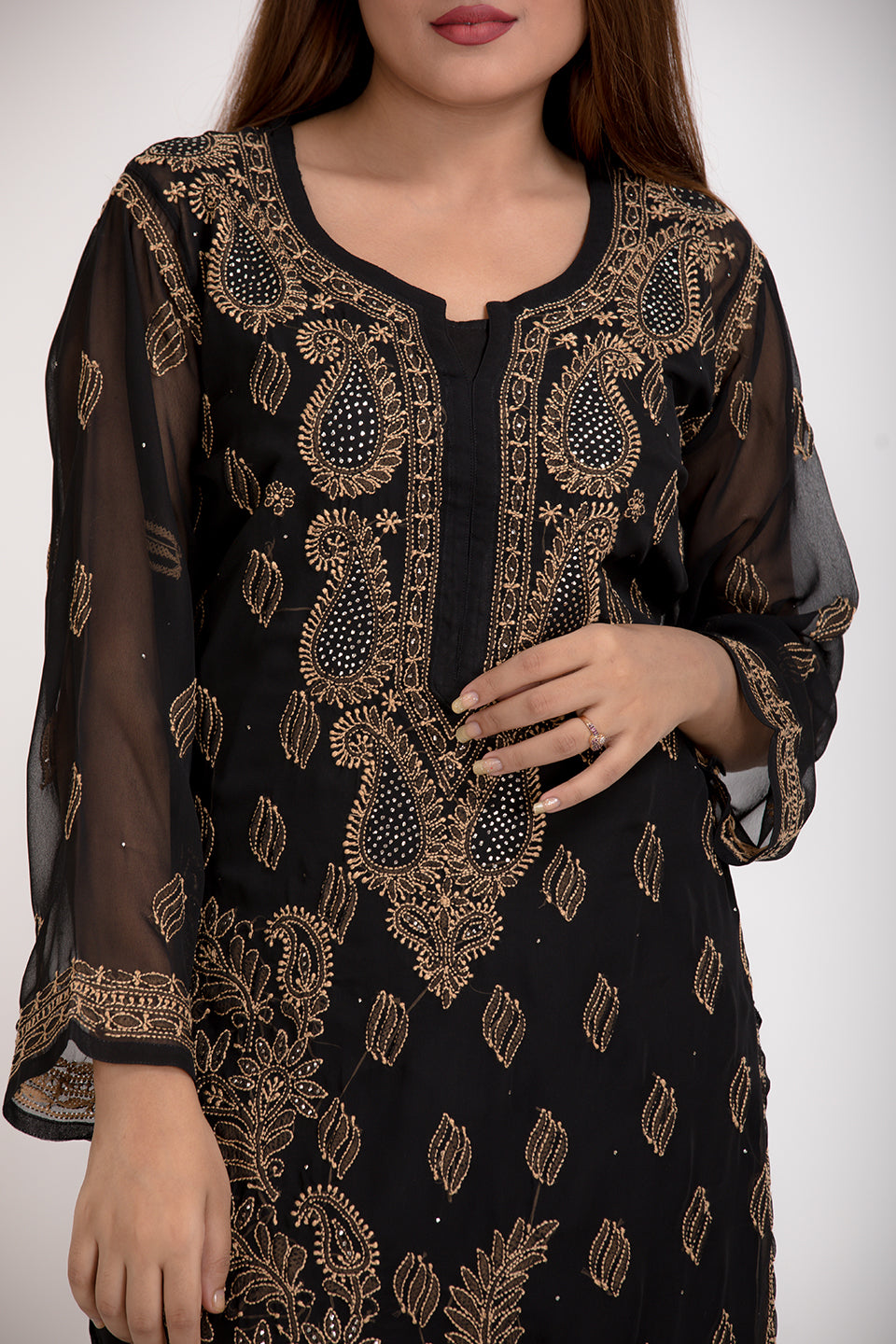 Lucknow Chikan Emporium Hand Skin Friendly Semi Georgette Amulet Neck (Black Color)