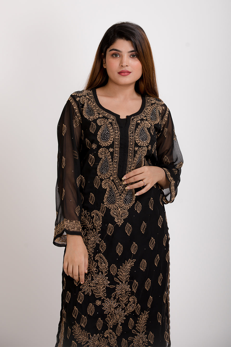 Lucknow Chikan Emporium Hand Skin Friendly Semi Georgette Amulet Neck (Black Color)