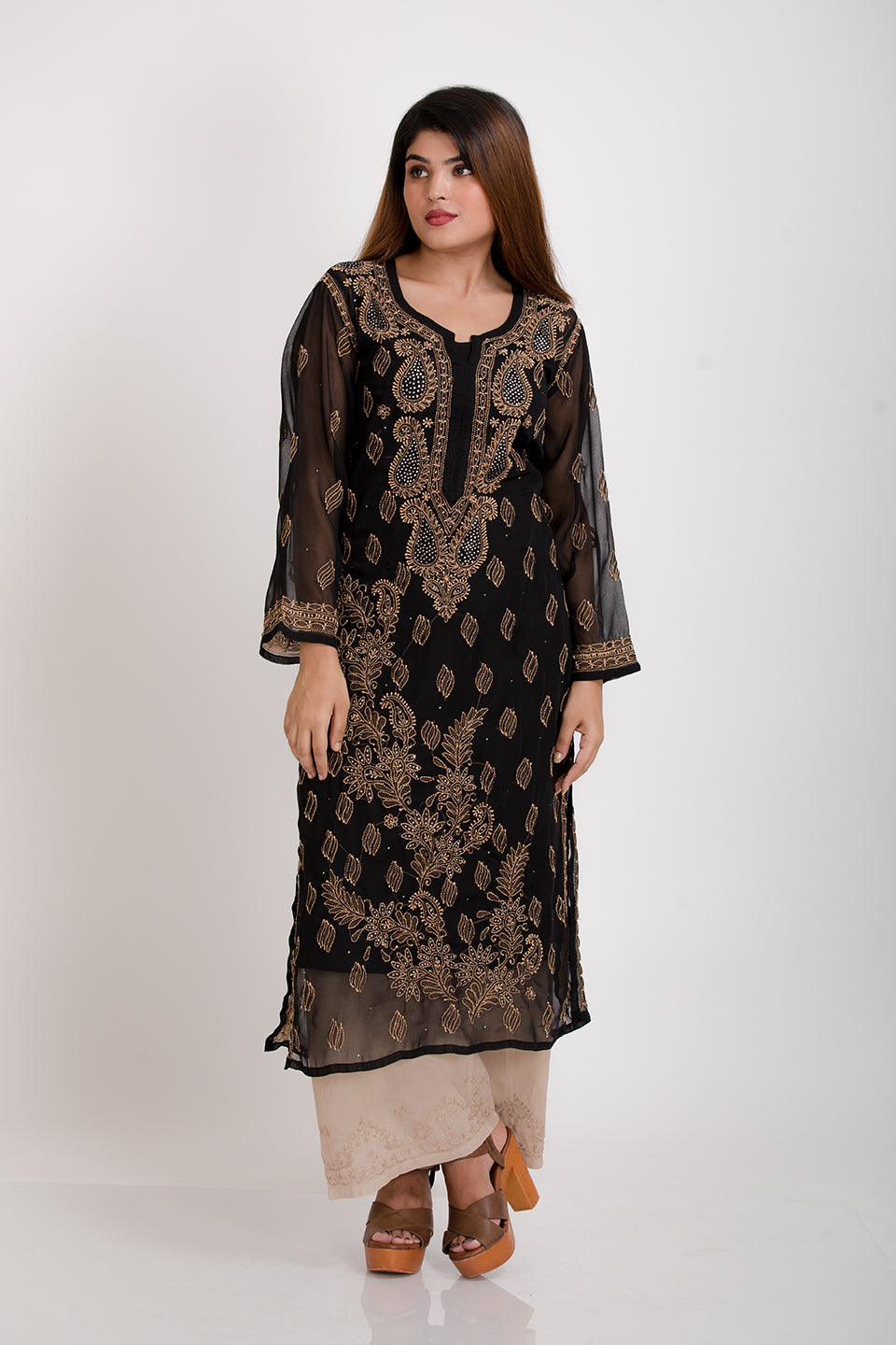 Lucknow Chikan Emporium Hand Skin Friendly Semi Georgette Amulet Neck (Black Color)