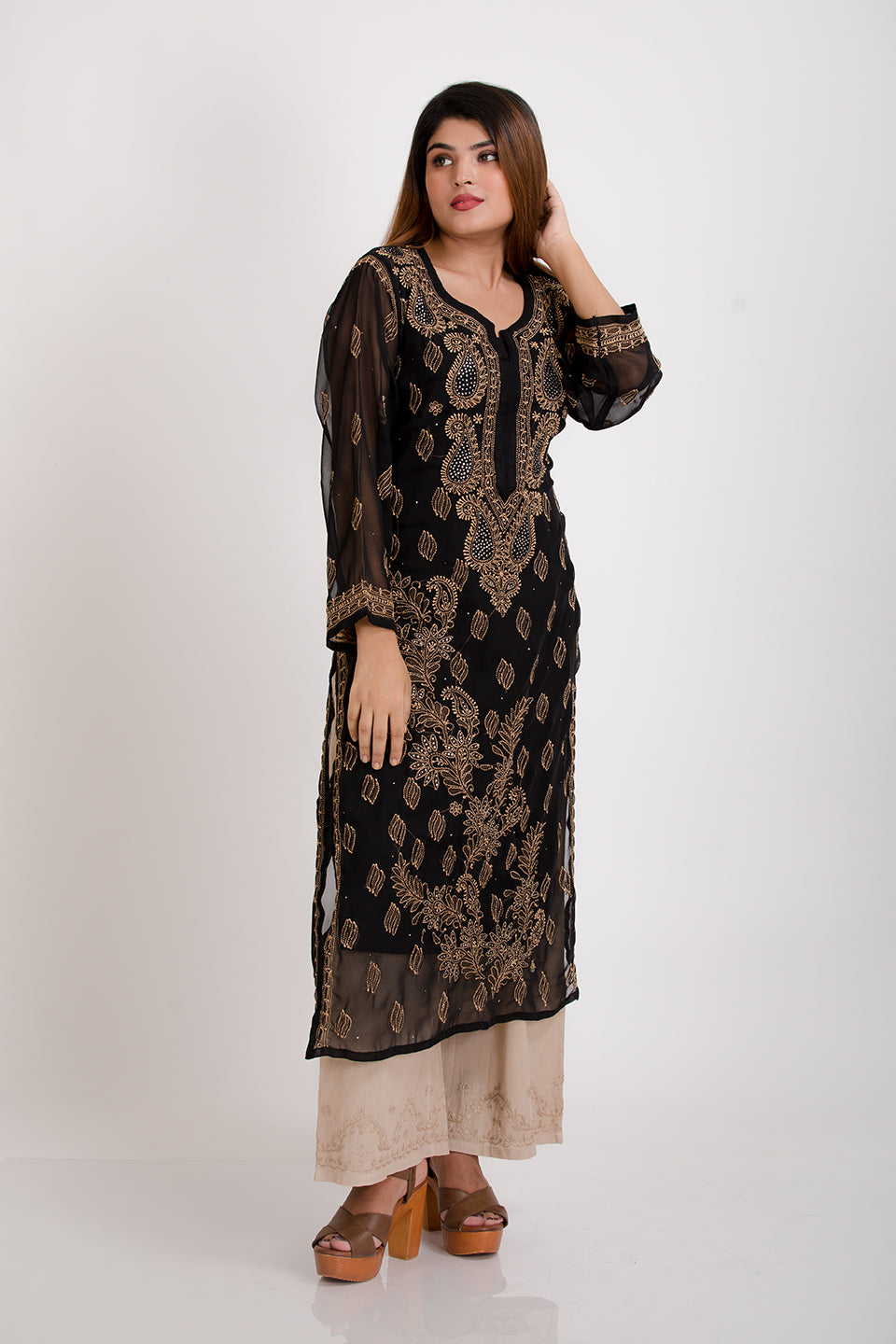 Lucknow Chikan Emporium Hand Skin Friendly Semi Georgette Amulet Neck (Black Color)