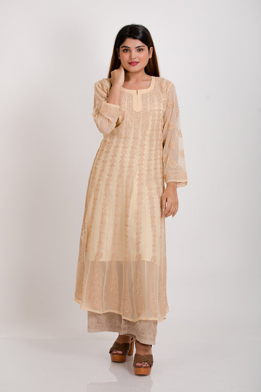 Lucknow Chikan Emporium Hand Chikankari Semi Georgette Beige Anarkali Kurti