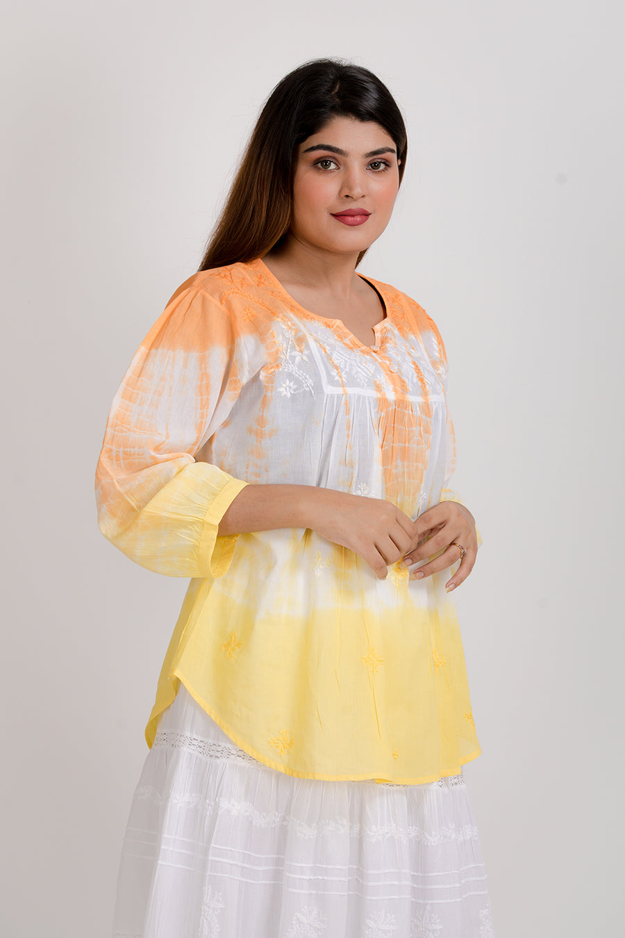 Lucknow Chikan Emporium White With Tie Dye Yellow & Orange Short Chikan Kurti