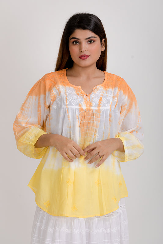 Lucknow Chikan Emporium White With Tie Dye Yellow & Orange Short Chikan Kurti