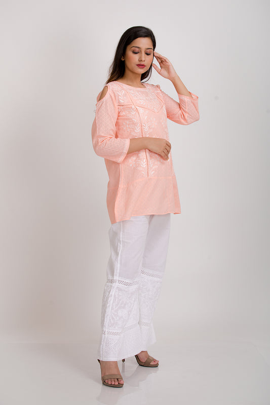 Peach colour soft cotton Lucknow Chikan Emporium Embroided off Shoulder Chikan Short  Kurti