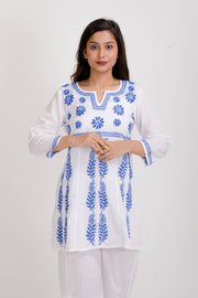 Lucknow Chikan Emporium Hand Embroided Latest Pintucks White Short Chikan Kurti