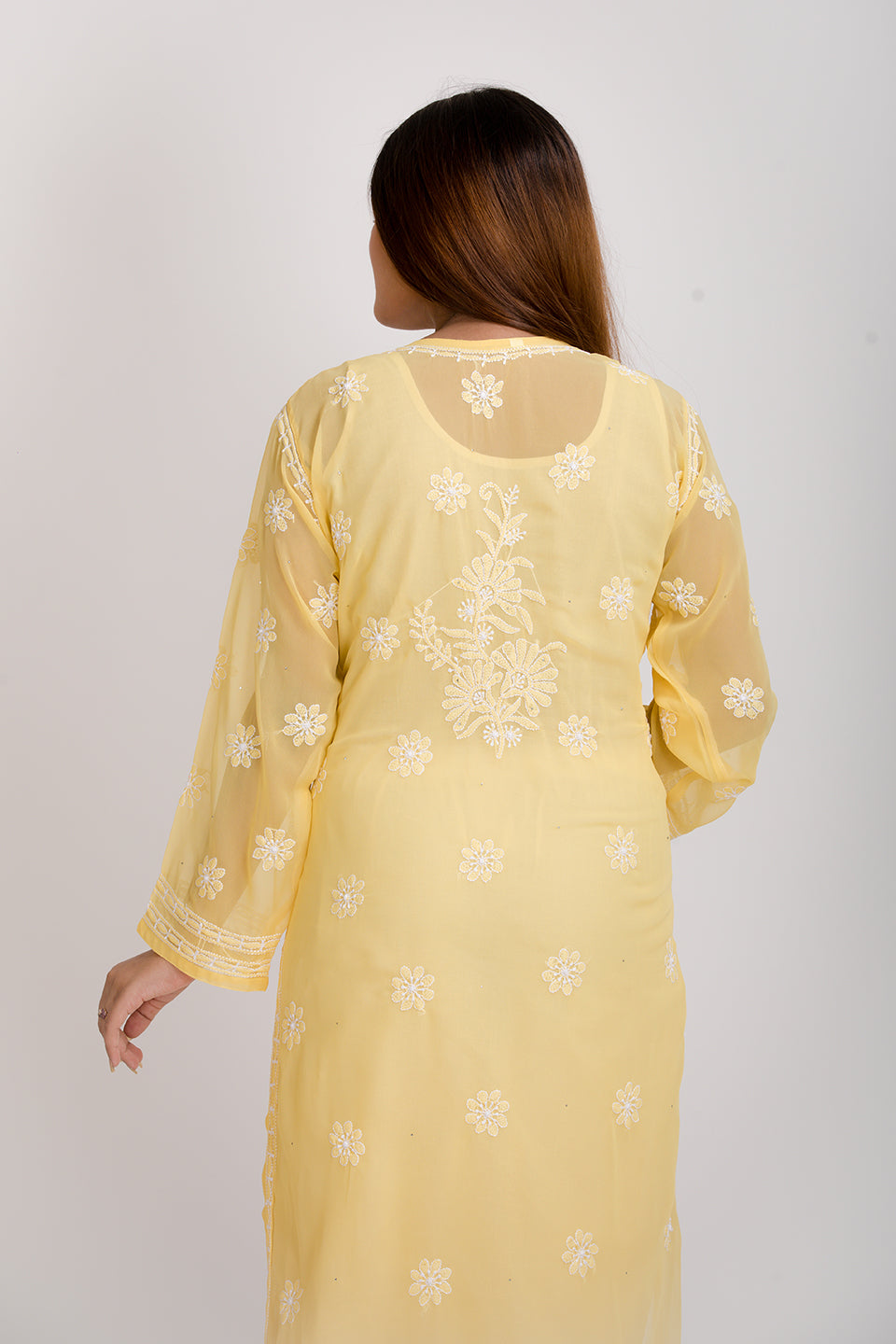 Lucknow Chikan Emporium Hand Semi Georgette (Yellow)