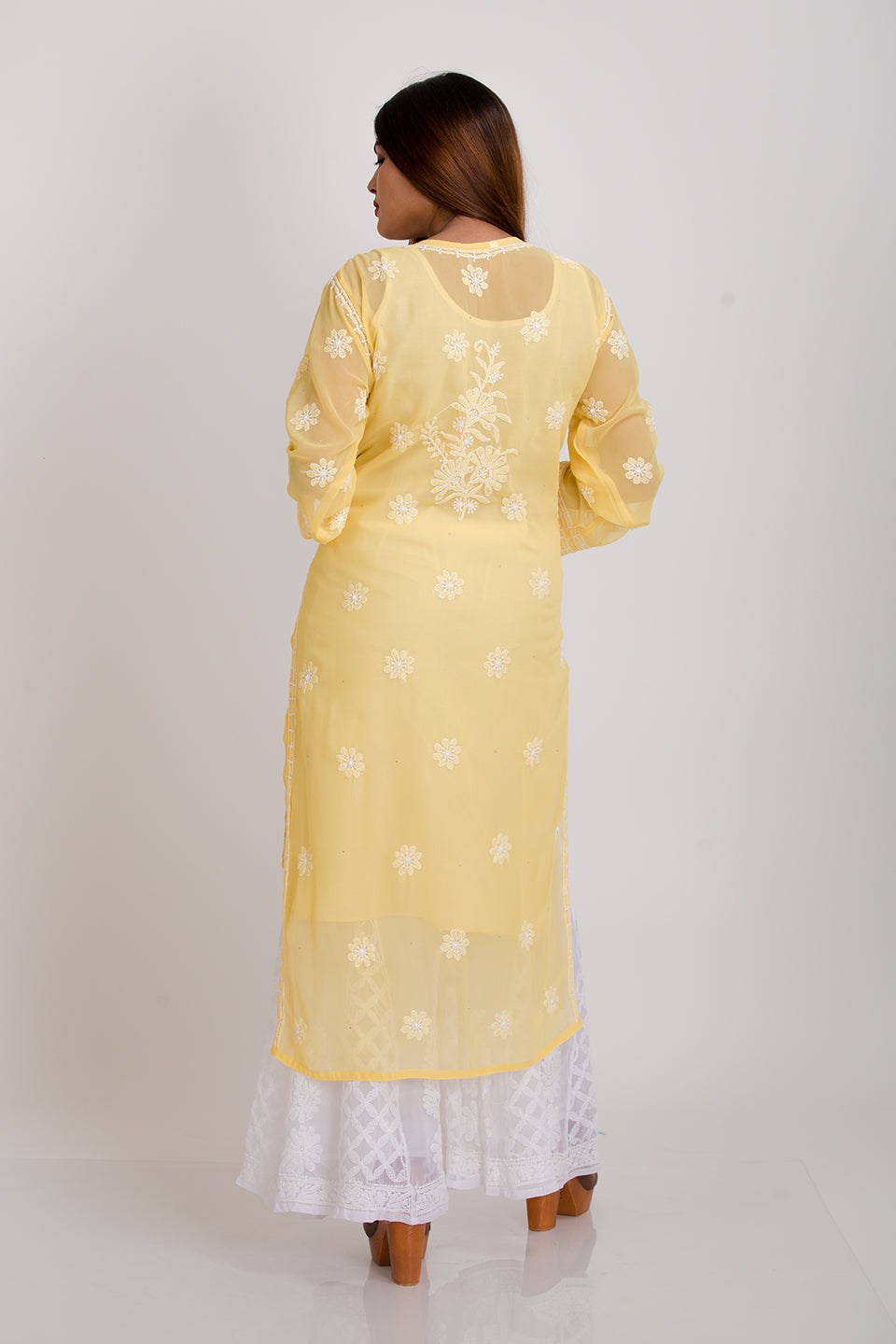 Lucknow Chikan Emporium Hand Semi Georgette (Yellow)