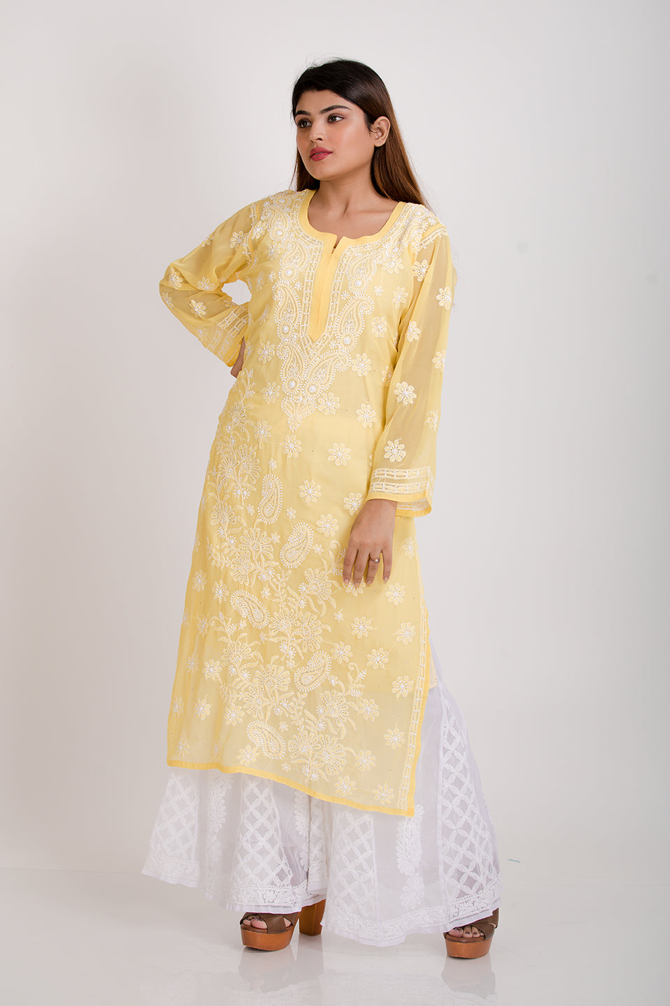 Lucknow Chikan Emporium Hand Semi Georgette (Yellow)