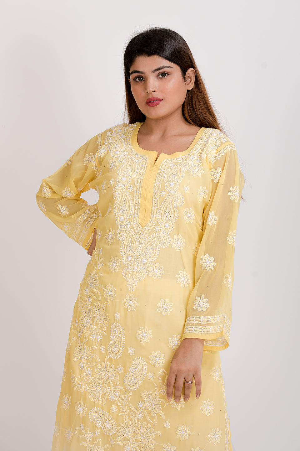 Lucknow Chikan Emporium Hand Semi Georgette (Yellow)