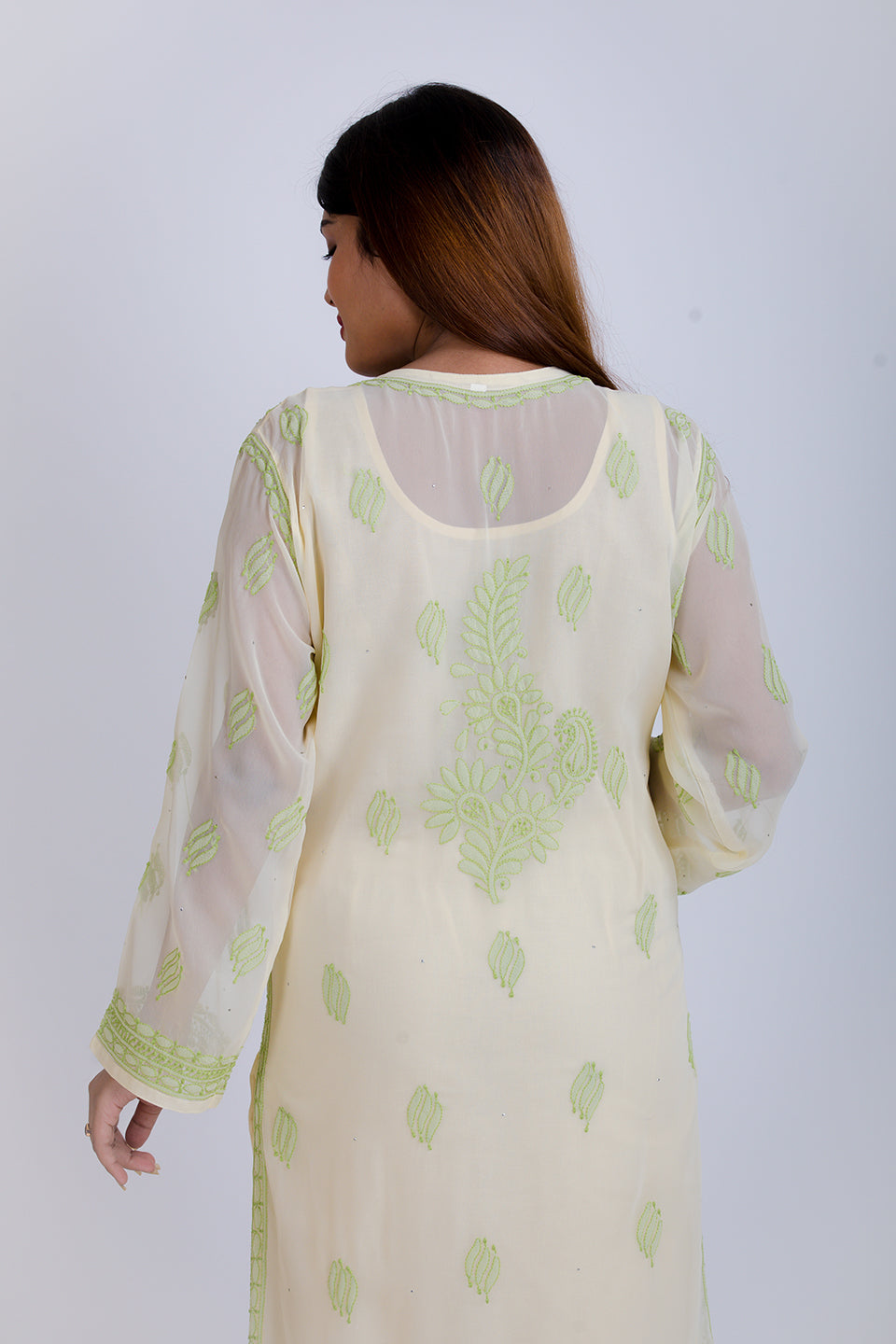 Lucknow Chikan Emporium Hand Semi Georgette (Lemon Yellow)
