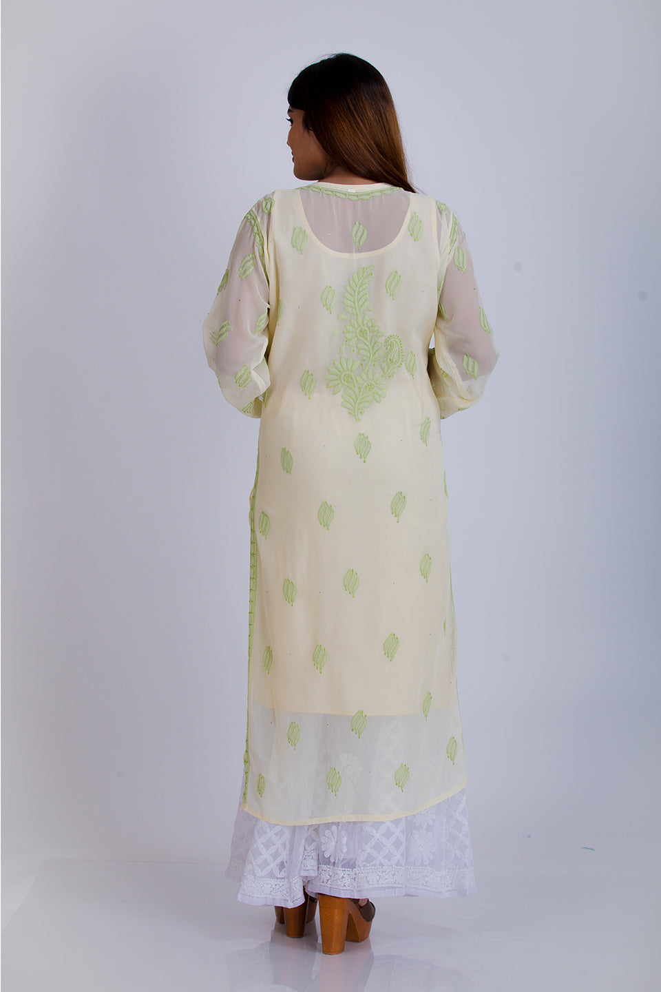 Lucknow Chikan Emporium Hand Semi Georgette (Lemon Yellow)