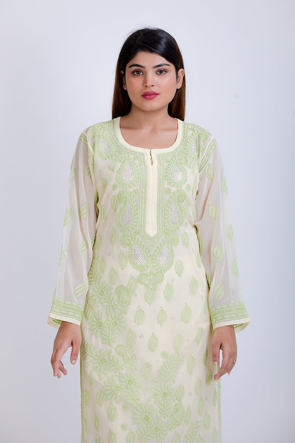 Lucknow Chikan Emporium Hand Semi Georgette (Lemon Yellow)