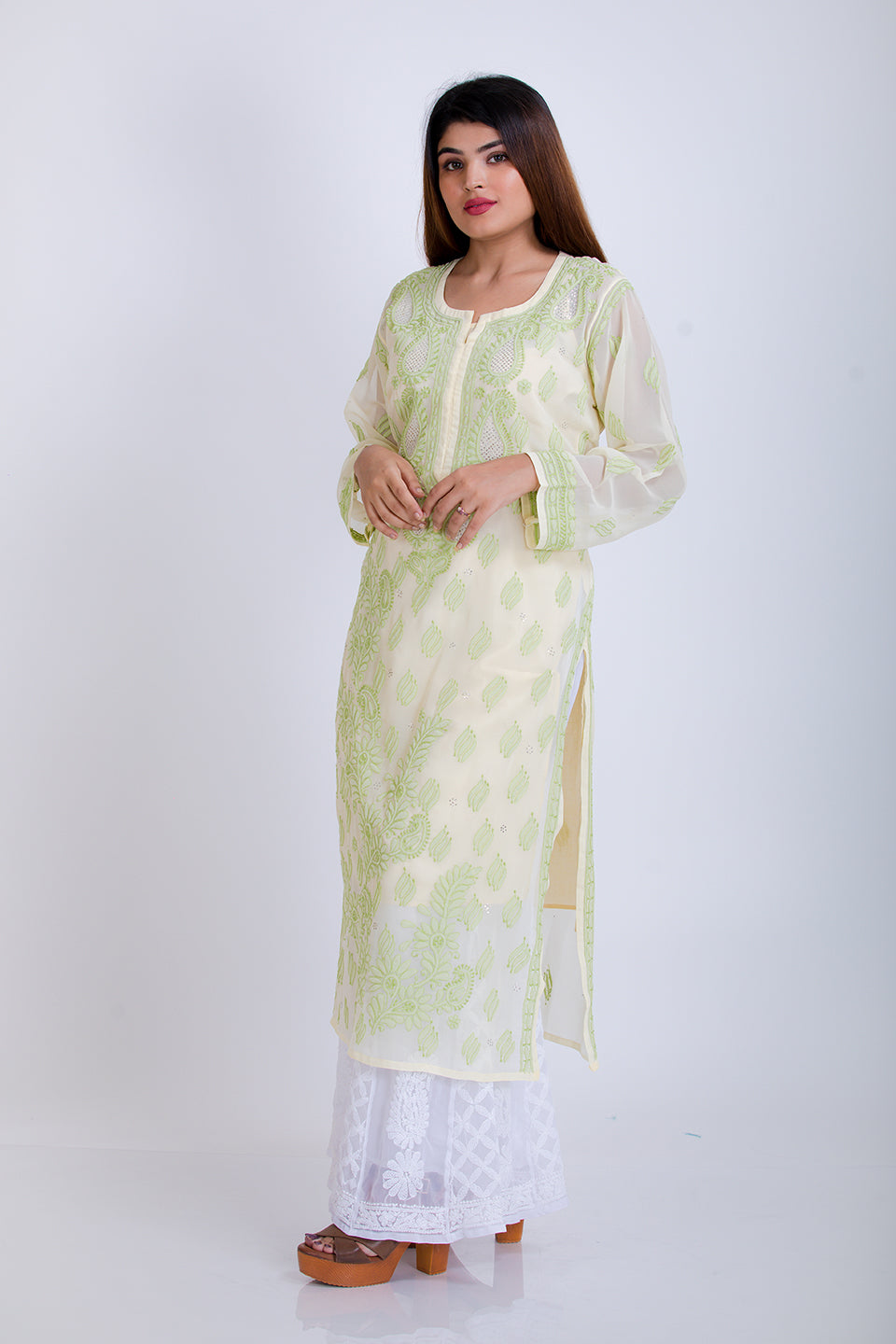 Lucknow Chikan Emporium Hand Semi Georgette (Lemon Yellow)
