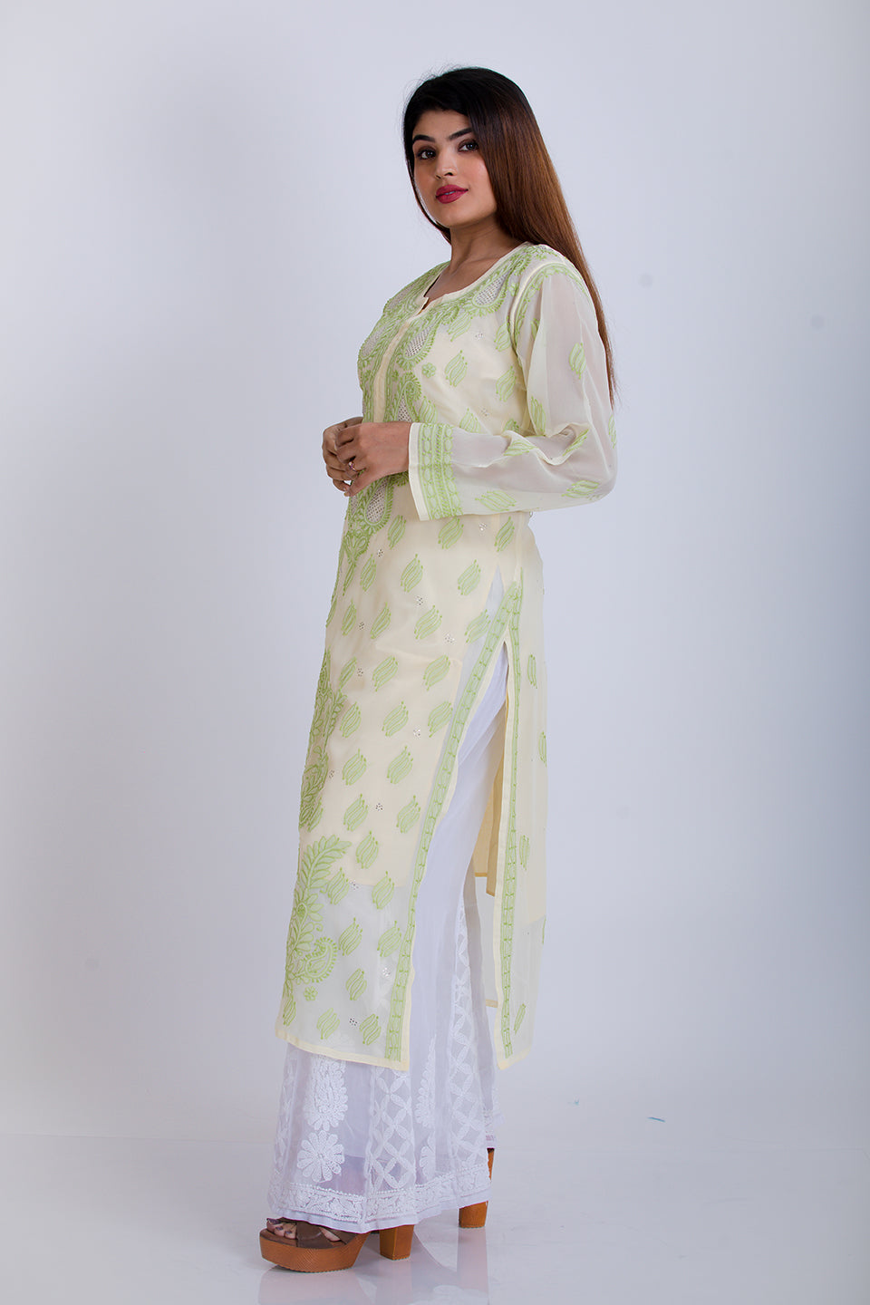 Lucknow Chikan Emporium Hand Semi Georgette (Lemon Yellow)