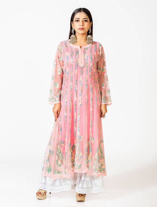 Lucknow Chikan Emporium Hand Embroided Skin Friendly Semi Georgette Chikankari Anarkali Kurti Peach.