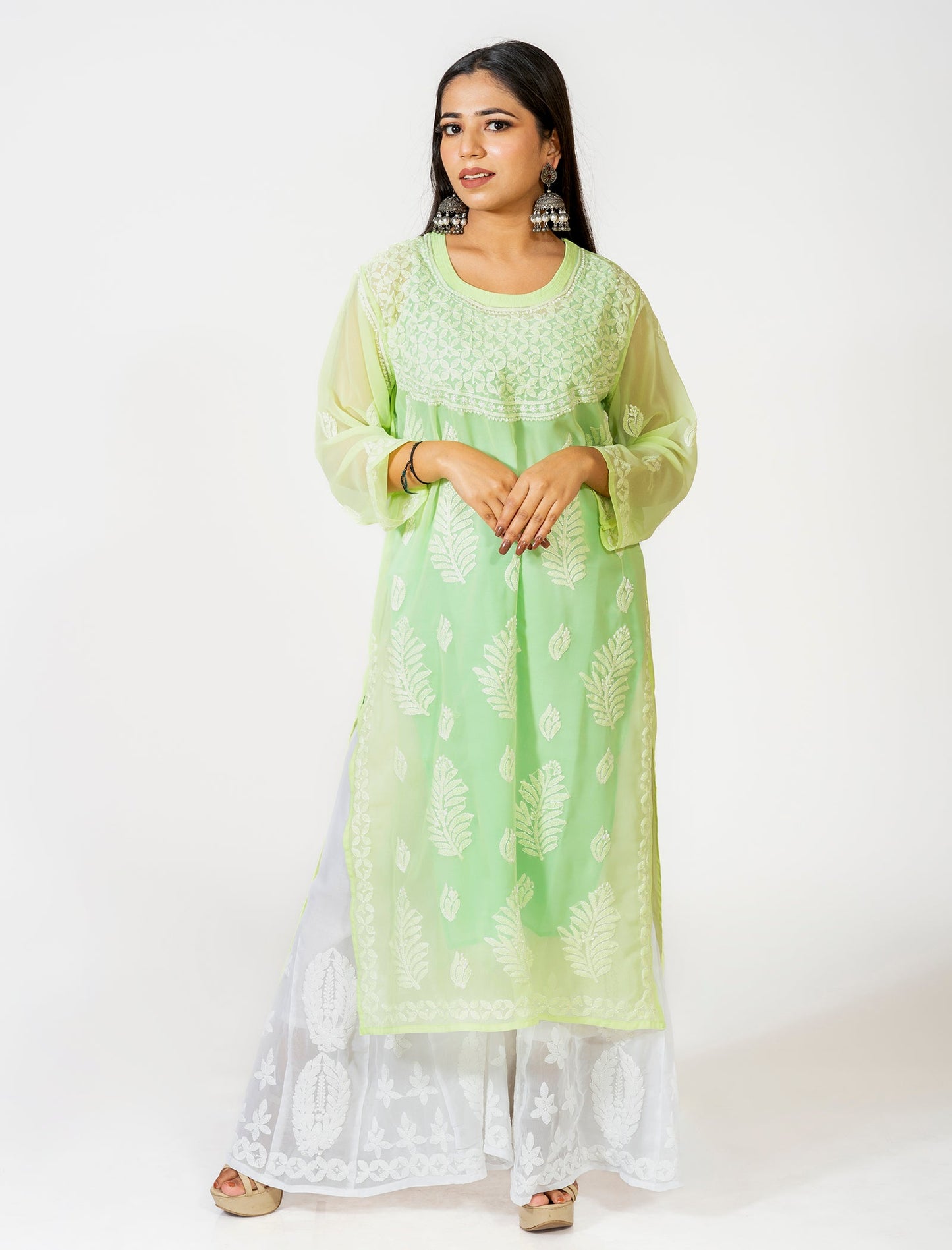 Lucknow Chikan Emporium Hand Embroided Skin Friendly Semi Georgette Chikankari Kurti Light Green.