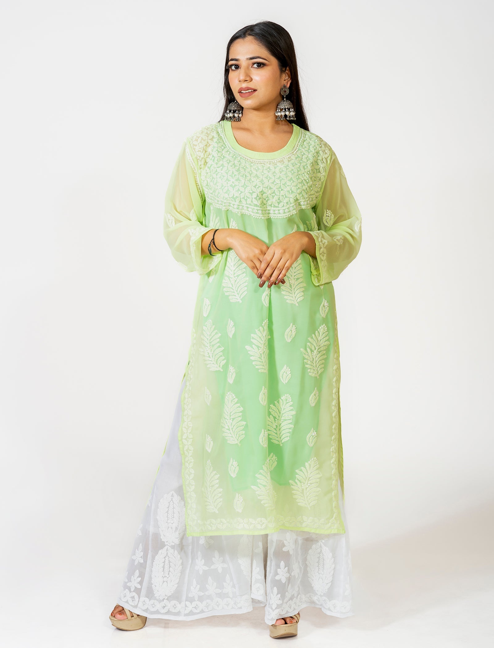 Lucknow Chikan Emporium Hand Embroided Skin Friendly Semi Georgette Chikankari Kurti Light Green.