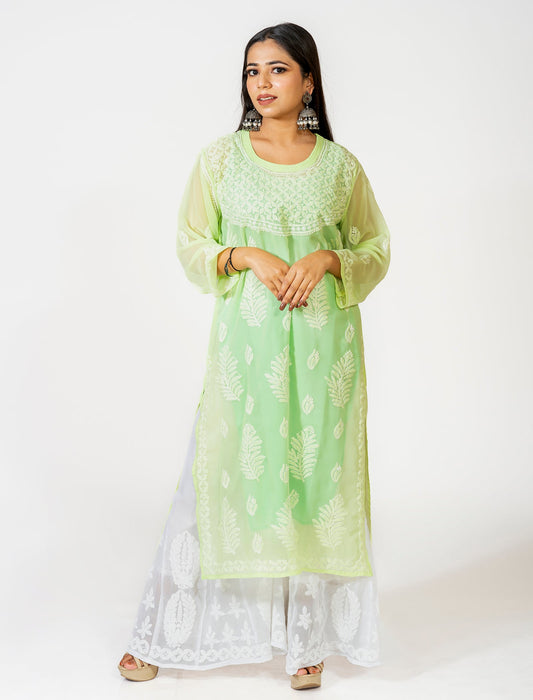Lucknow Chikan Emporium Hand Embroided Skin Friendly Semi Georgette Chikankari Kurti Light Green.