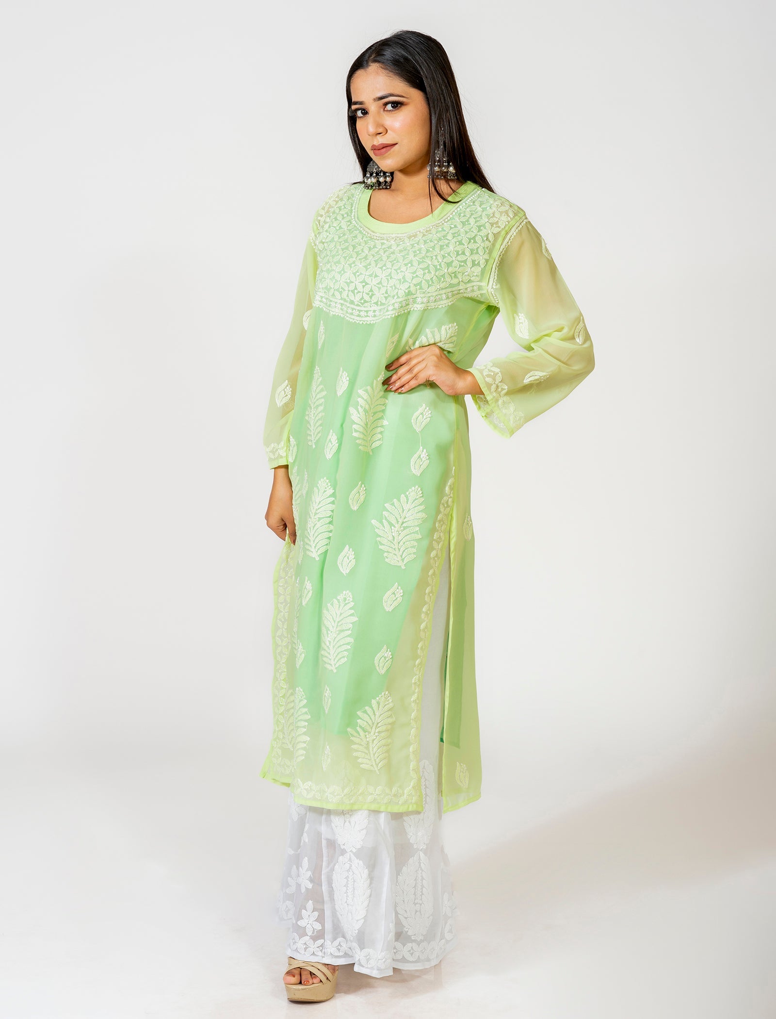 Lucknow Chikan Emporium Hand Embroided Skin Friendly Semi Georgette Chikankari Kurti Light Green.